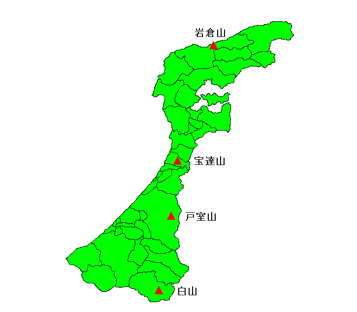 いしかわのやま 白山 はくさん 石川県にはたくさんの山があります これは 金沢市少年自然の家から白山の方向を記録した映像です 宝達山 ほうだつざん 能登地方で一番大きな山が宝達山です なだらかな形をしていますね 岩倉山 いわくら